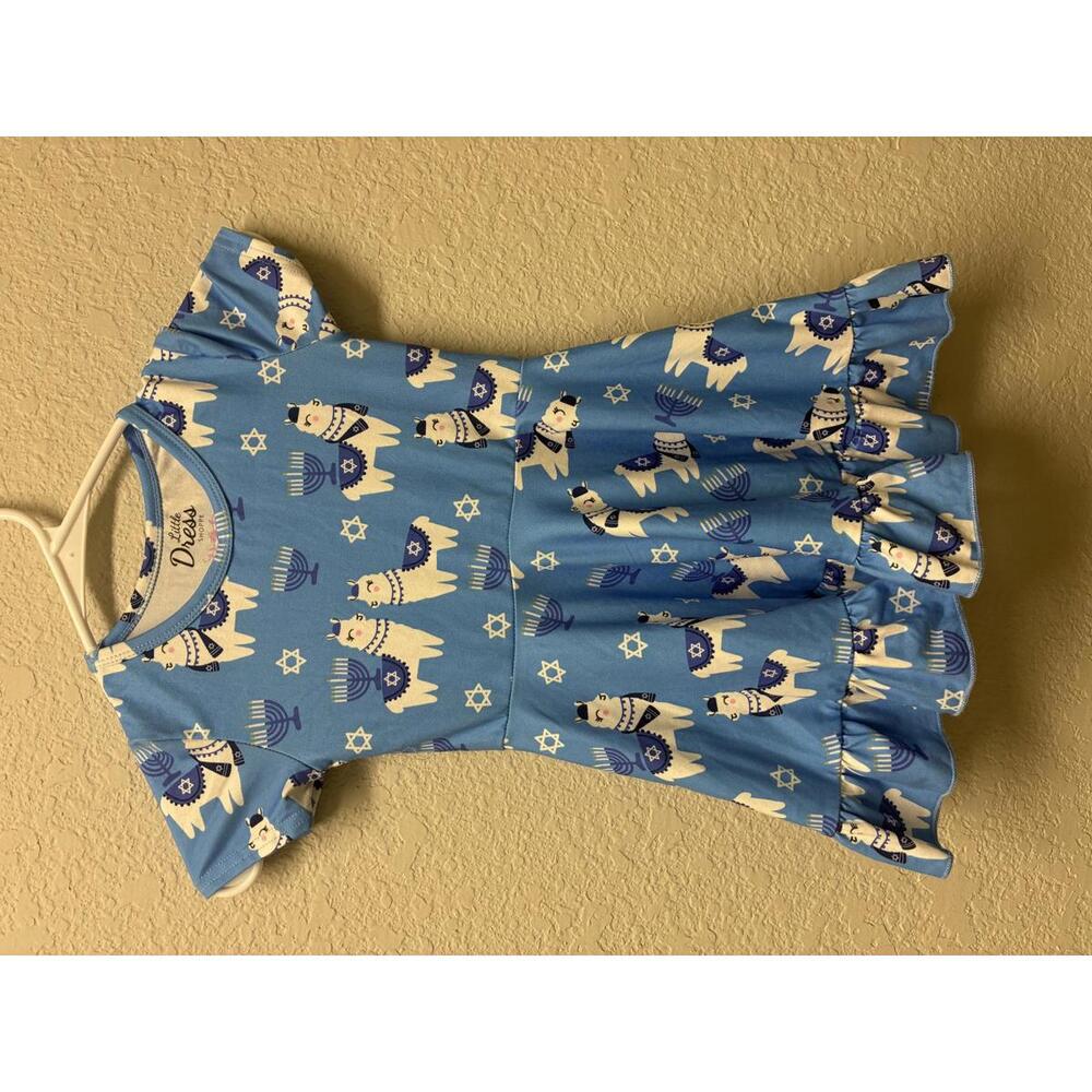 Girls' Blue Hanukkah Llama Print Dress